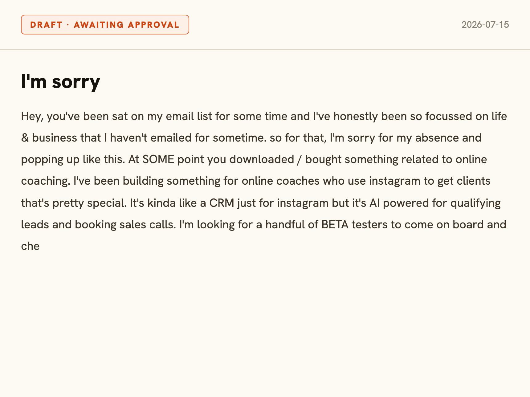 A real daily email drafted by the OS, awaiting approval